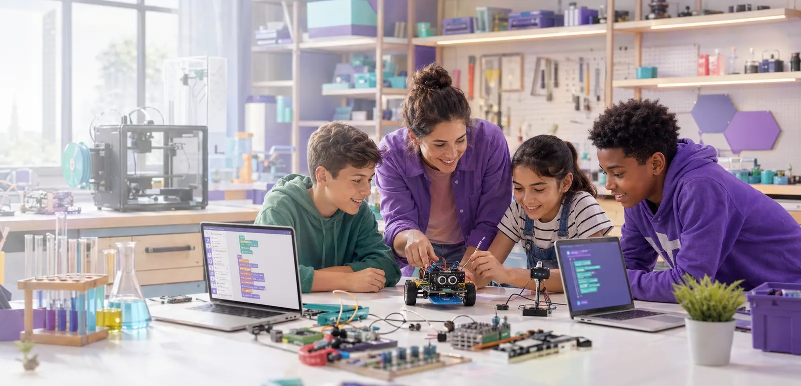 Students at a Chiang Mai coding and engineering workshop building a hands-on STEM project