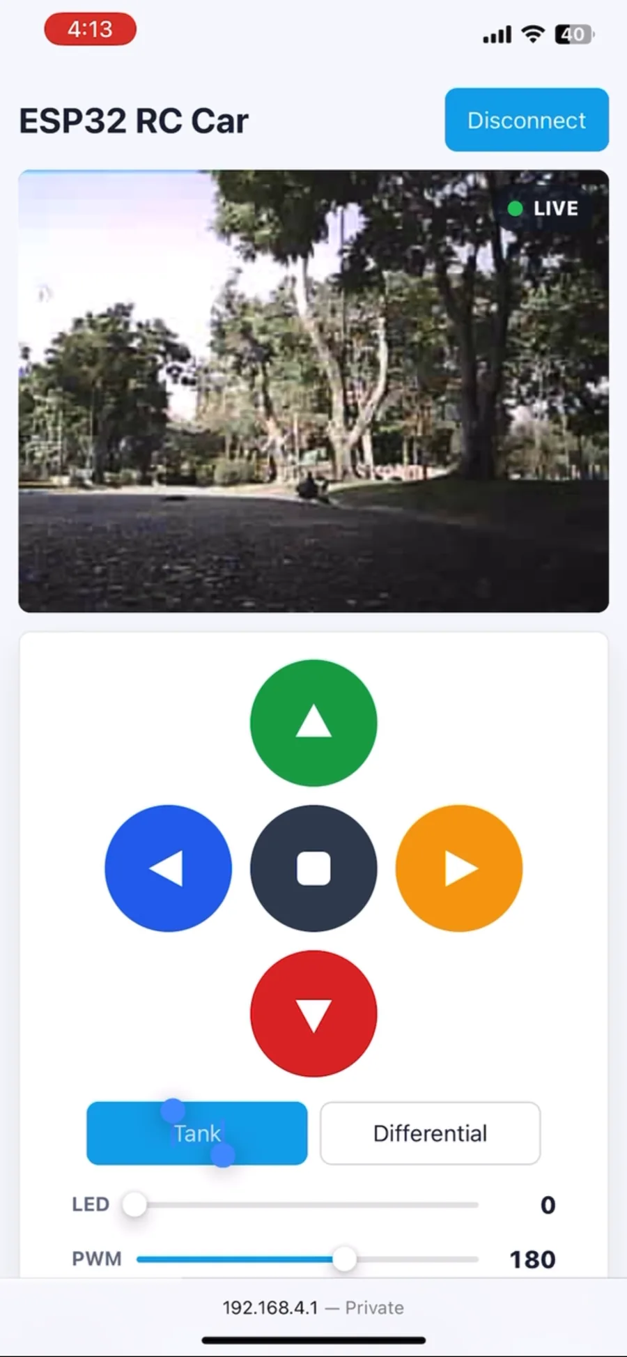 Phone browser controls students use to drive the Wi-Fi controlled RC car